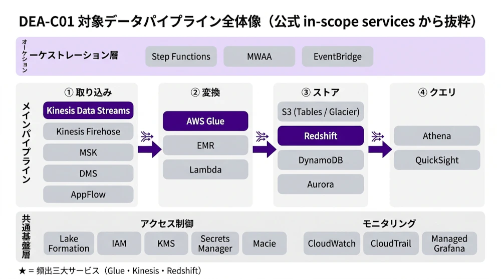 DEA対象データパイプライン全体像（取り込み→変換→ストア→クエリ＋共通基盤層）
