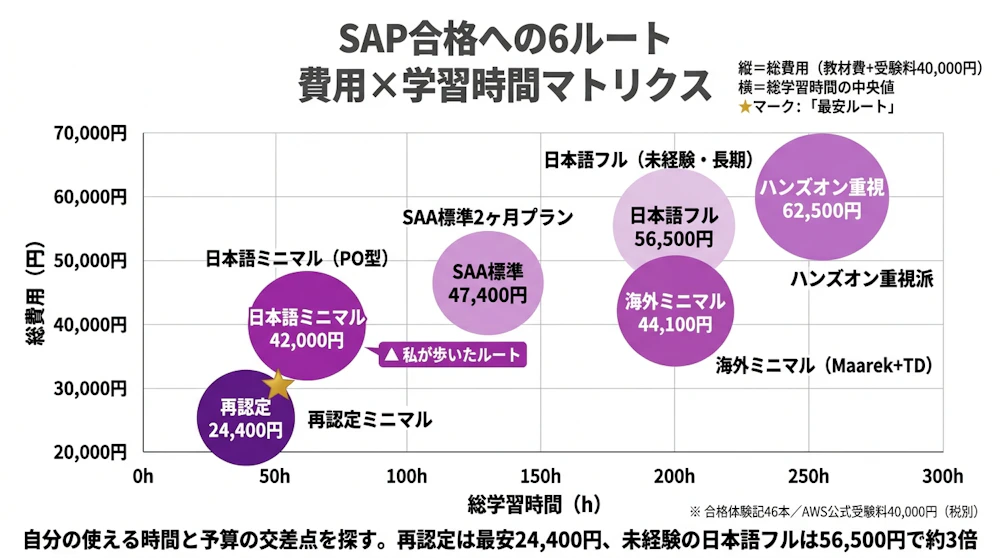 SAP合格への6ルート 費用×学習時間マトリクス（24,400円〜62,500円、30h〜300h）
