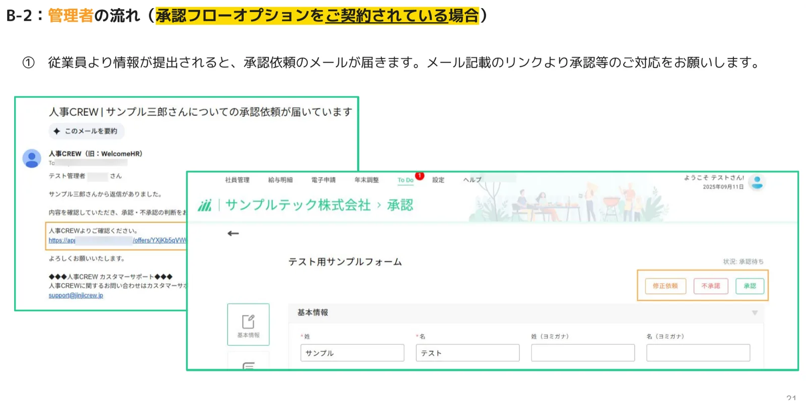 承認フロー契約時に届く承認依頼メールと承認・不承認・修正依頼を選ぶ承認画面