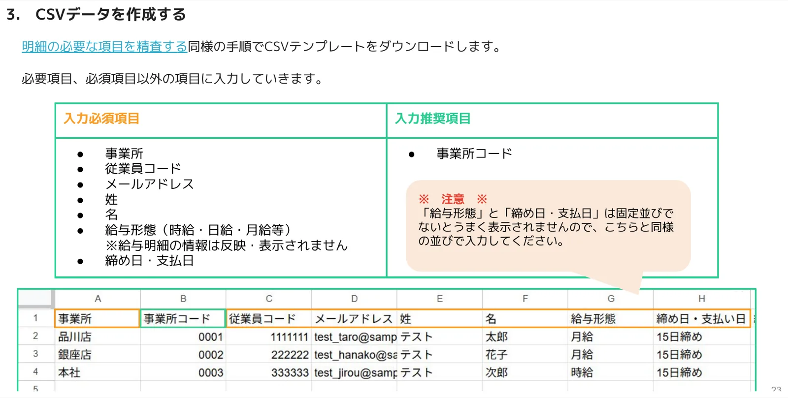 給与明細CSVの入力必須項目・推奨項目とサンプル入力されたスプレッドシート