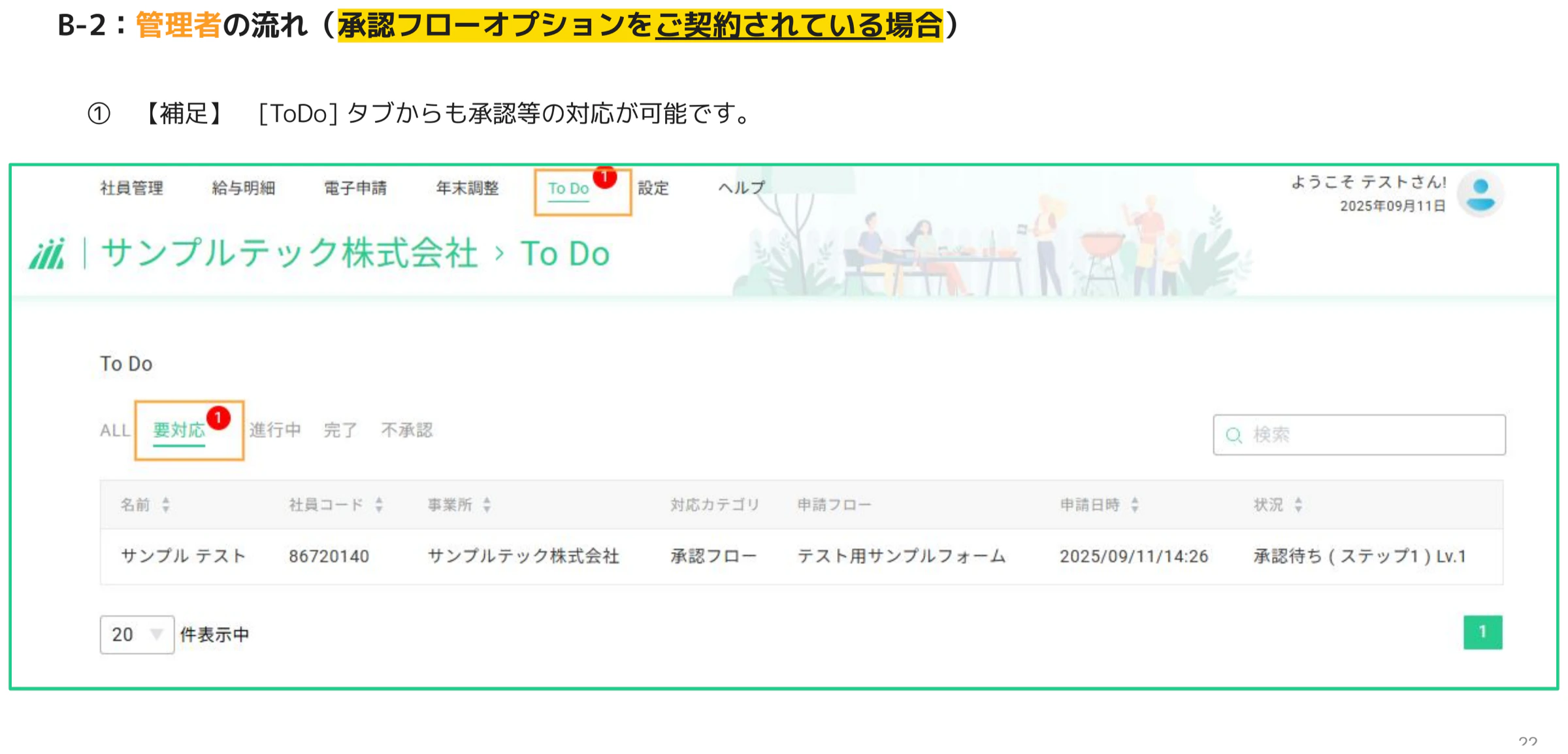 ToDoタブの要対応一覧に承認待ちの案件が表示され承認対応ができる画面