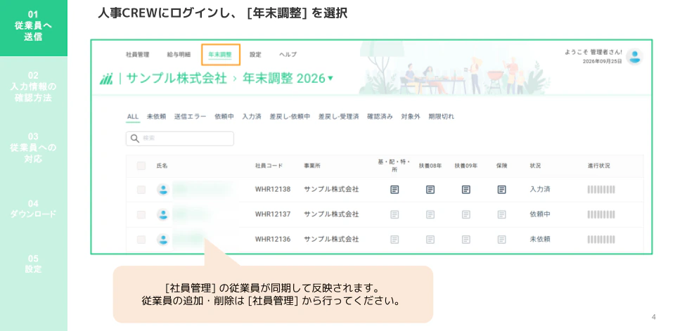 年末調整一覧画面に従業員と各種ステータスタブが表示された管理画面