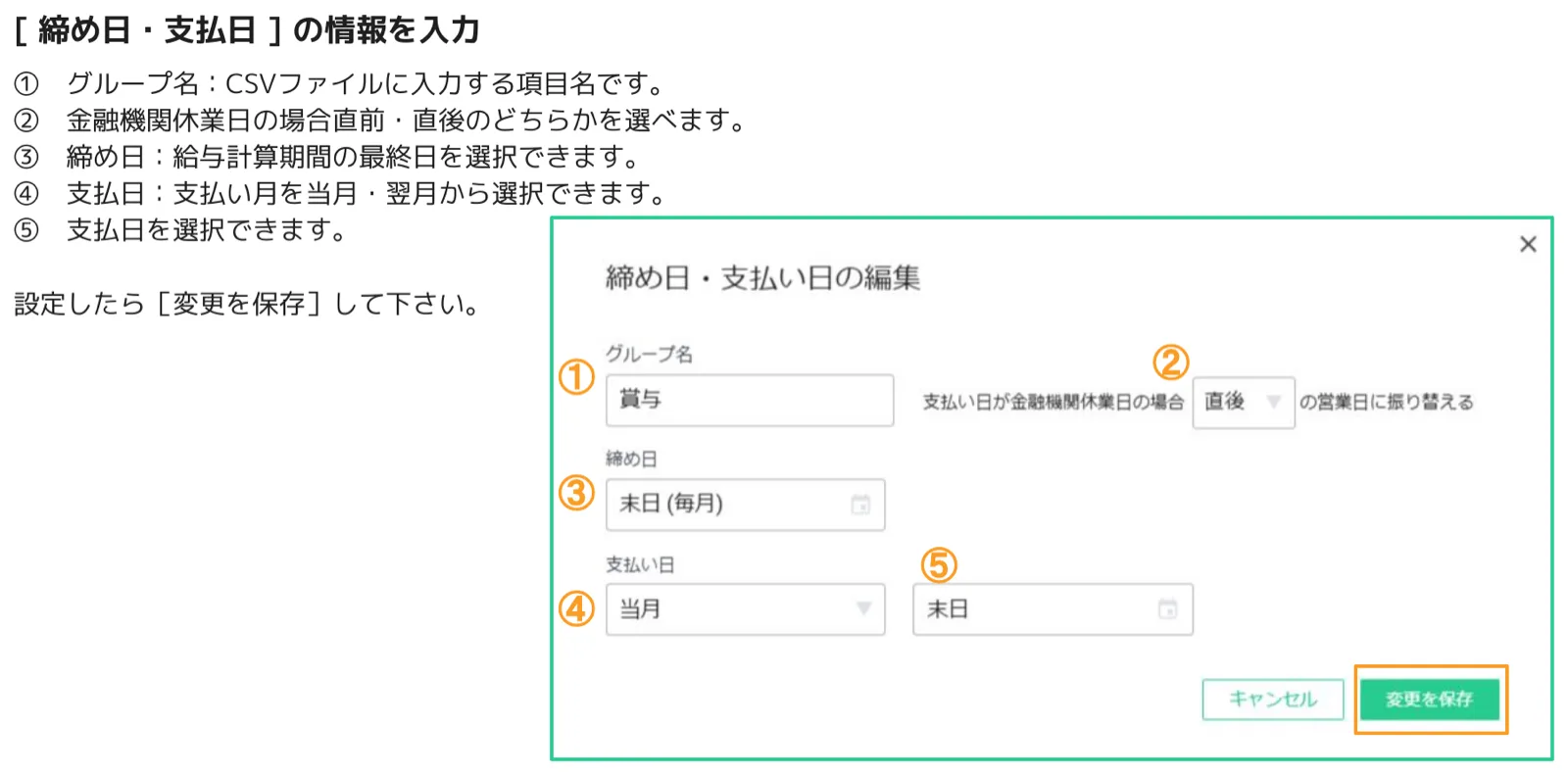人事CREW 締め日・支払い日の編集ダイアログ — グループ名・金融機関休業日振替・締め日・支払い月・支払日の各入力欄がオレンジ番号で示されている