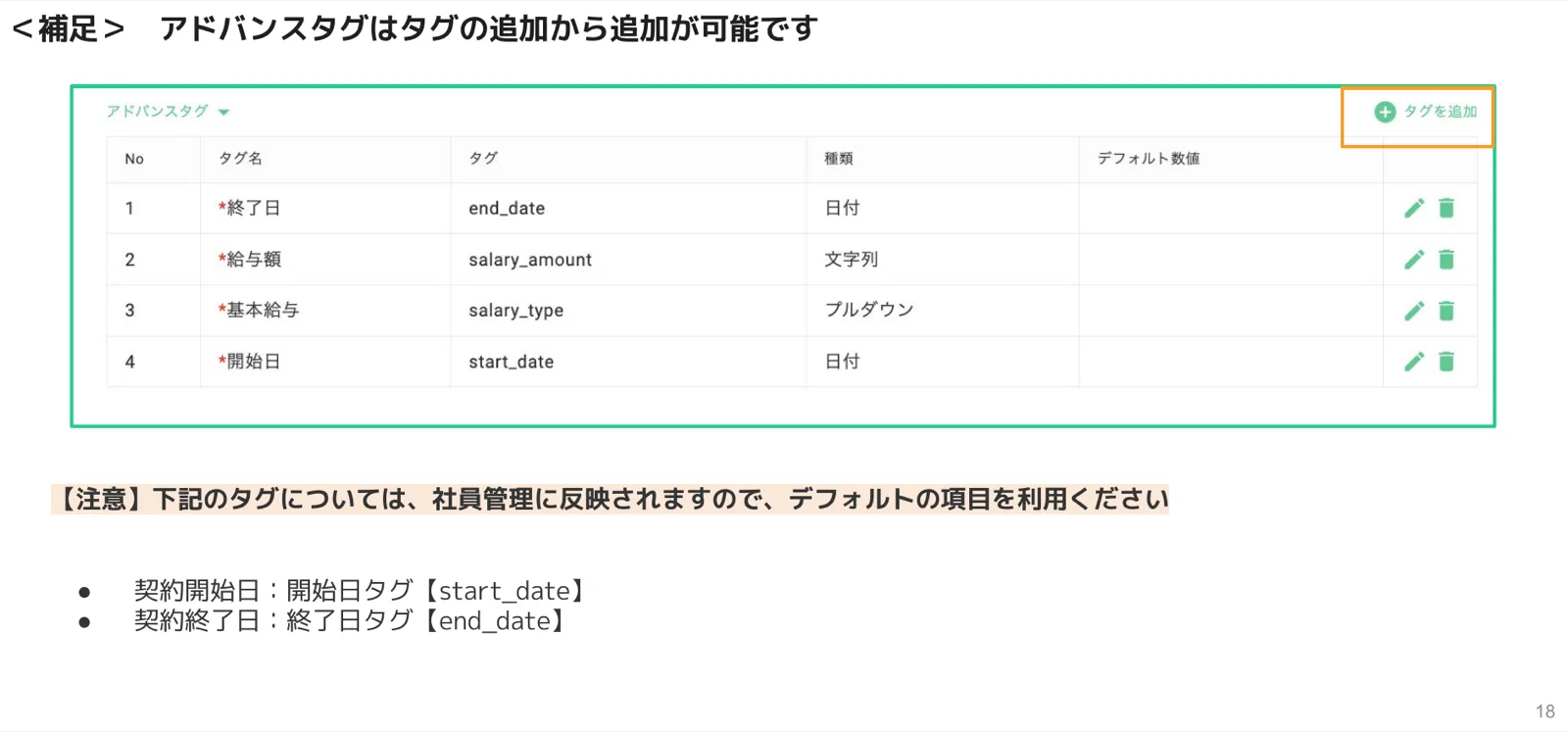 アドバンスタグの一覧とタグを追加ボタンを示した補足画面