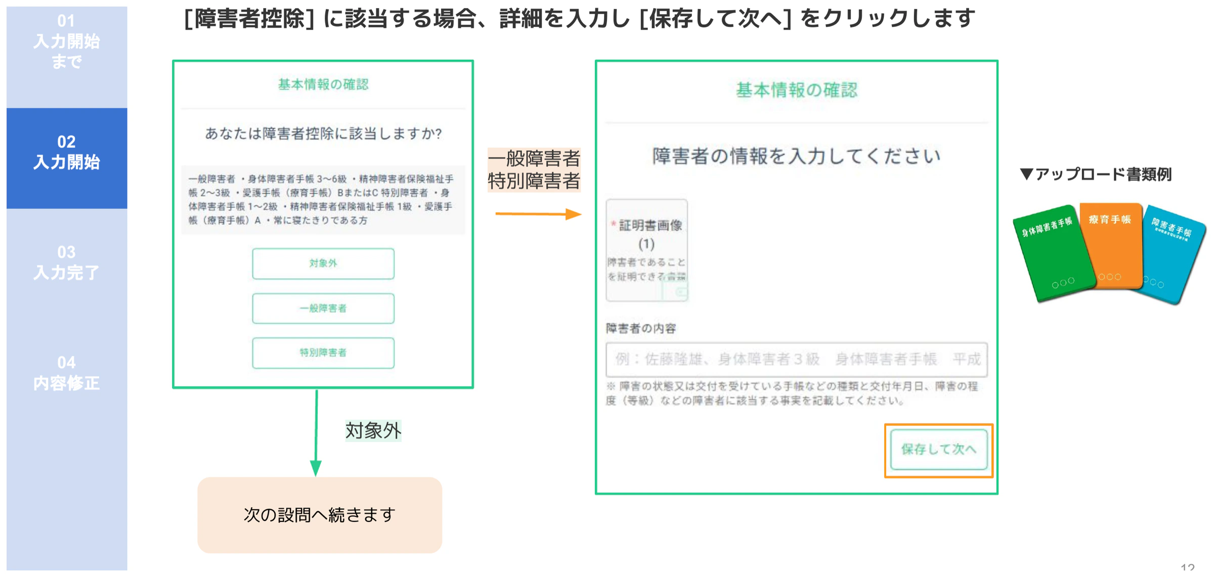 人事CREW障害者控除確認画面と証明書アップロード(身体障害者手帳・療育手帳・障害者手帳の例)