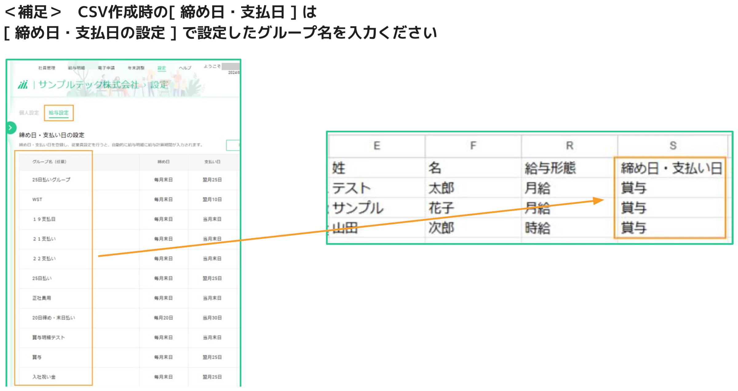 人事CREW 締め日・支払日設定とCSVスプレッドシート — グループ名「賞与」をCSVの締め日・支払日列に入力する対応関係をオレンジ矢印で示している