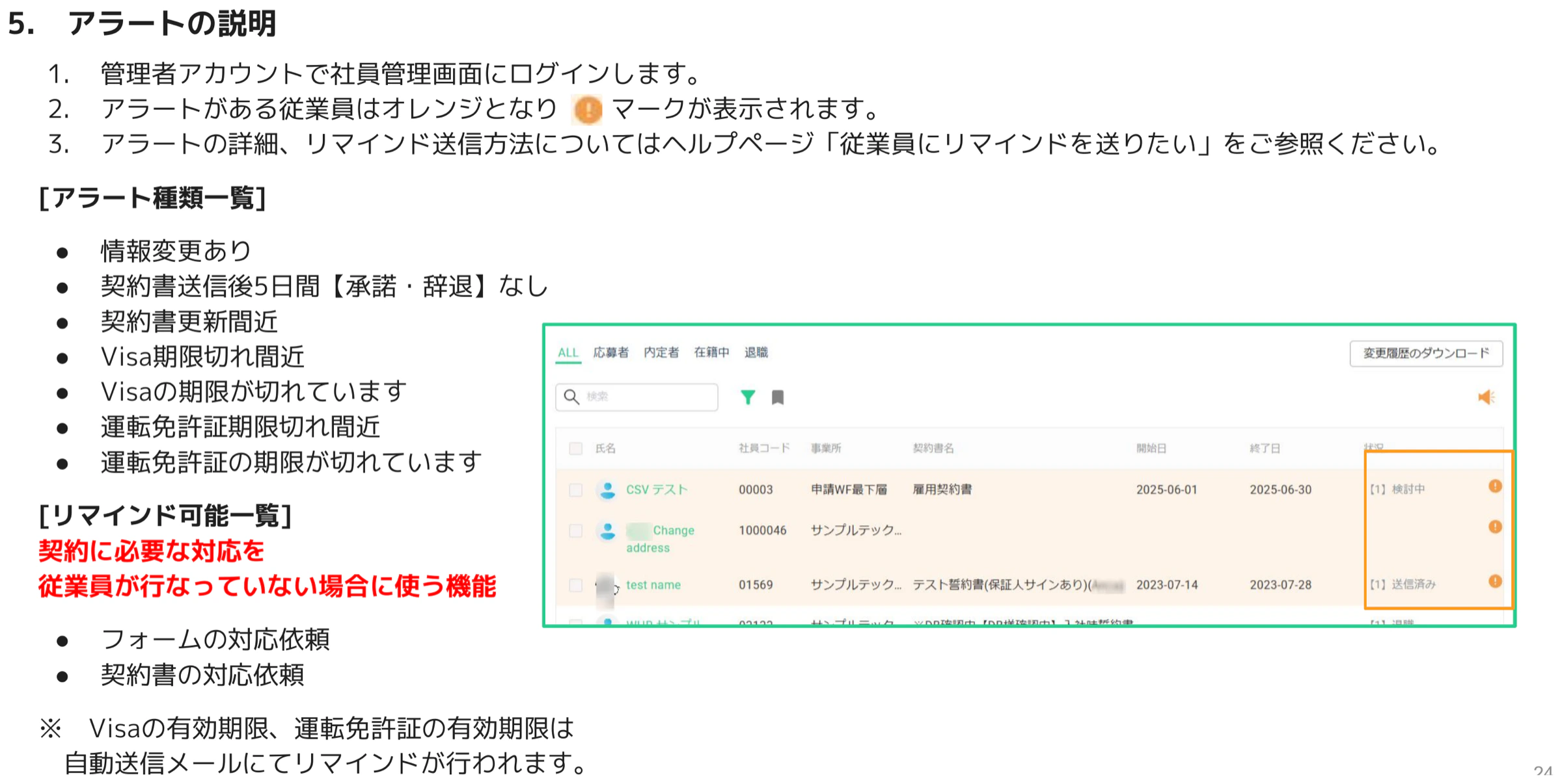 社員管理画面で対応が必要な従業員の行がオレンジ色になり!マークが表示された状態