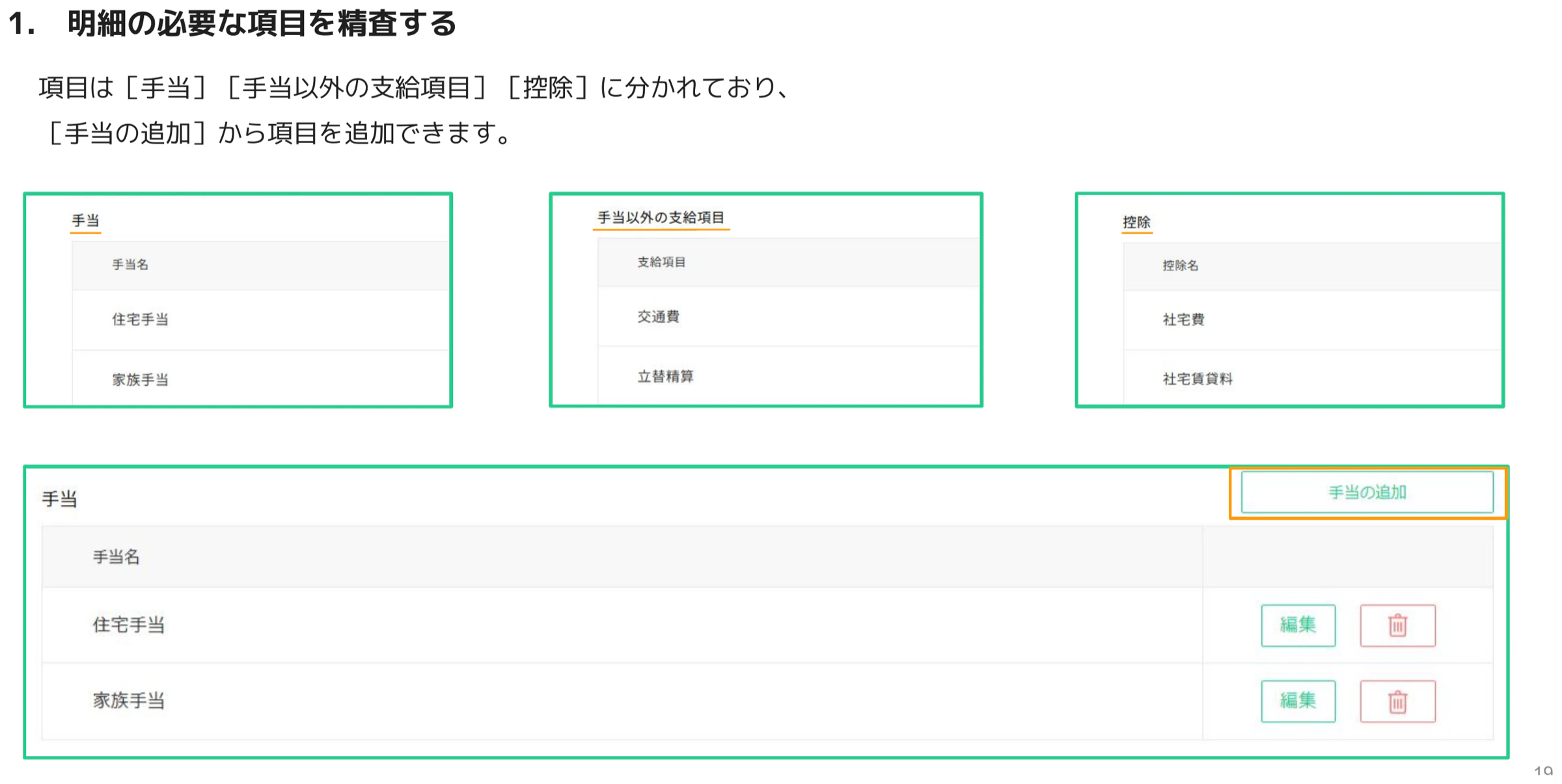 手当・手当以外の支給項目・控除の項目一覧と手当の追加ボタン