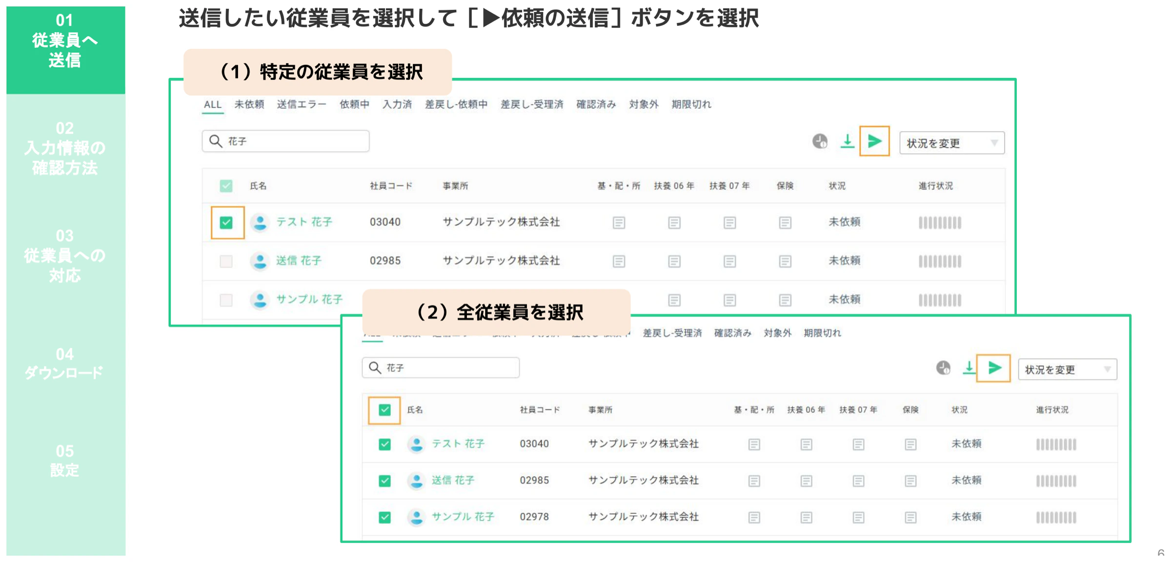(1)特定従業員を個別選択、(2)全員を一括選択して依頼送信ボタンをクリックする画面