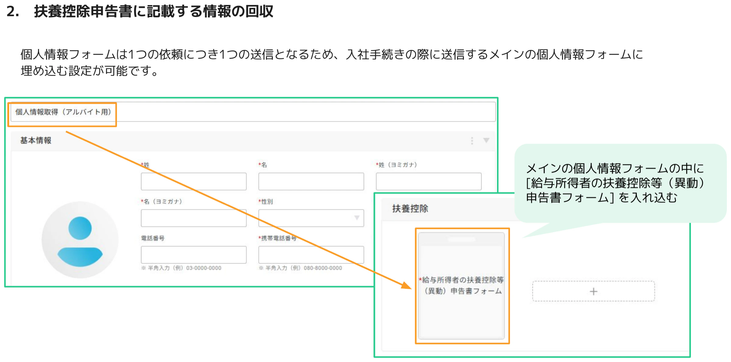 人事CREWの個人情報フォーム埋め込みイメージ - メインの個人情報フォーム（アルバイト用）の中に扶養控除ブロックとして給与所得者の扶養控除等（異動）申告書フォームが埋め込まれている