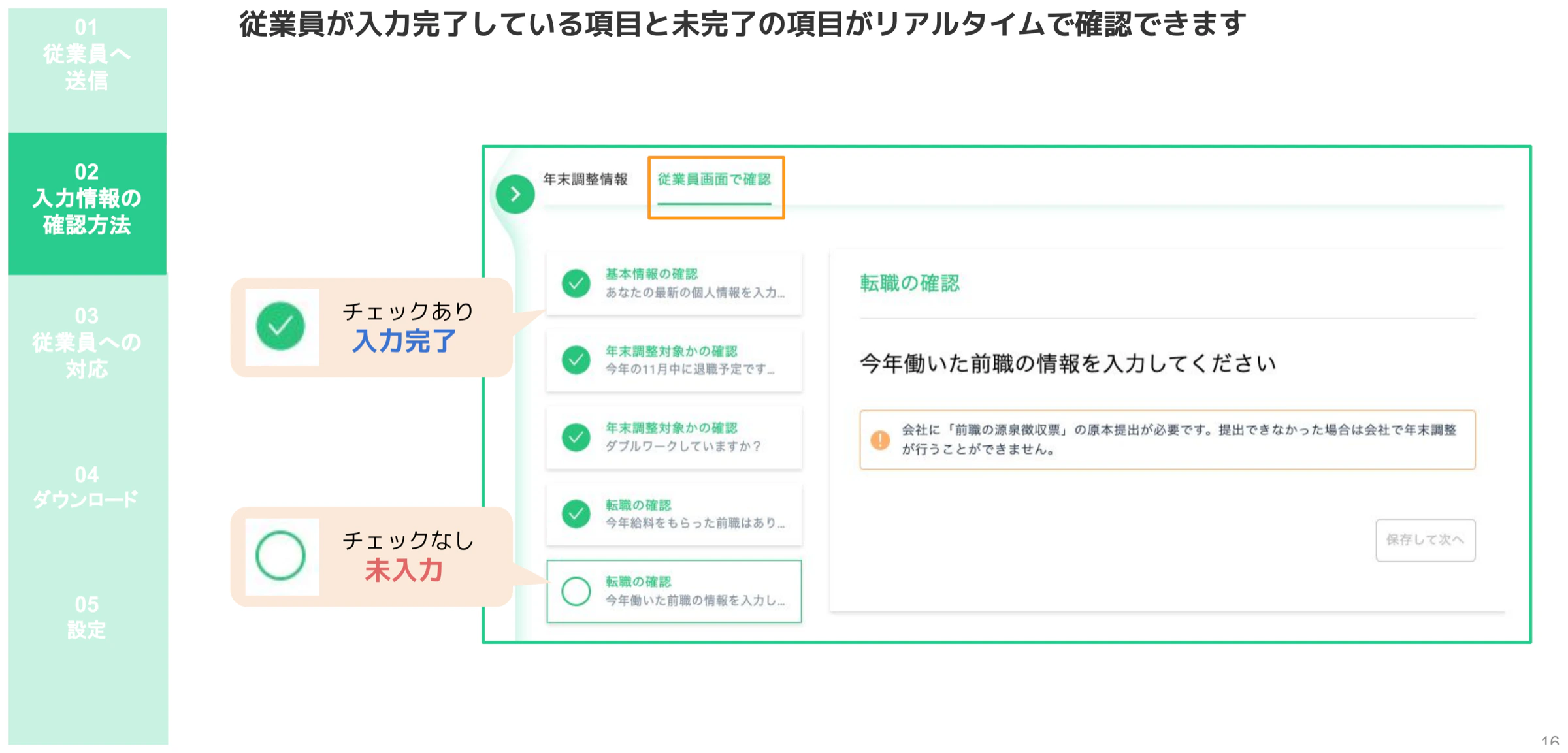 「従業員画面で確認」タブで各設問の入力完了(緑チェック)と未入力(白丸)を確認する画面