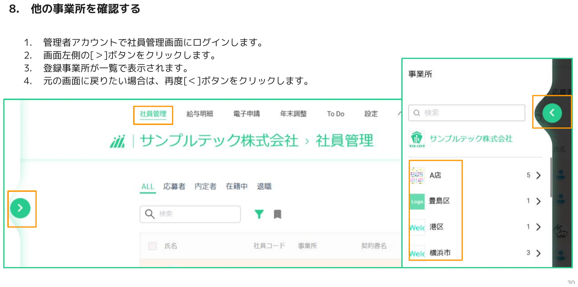 画面左側の展開ボタンで登録事業所(A店・豊島区・港区・横浜市など)を一覧表示したパネル