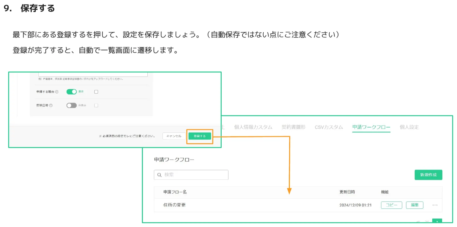 追加項目設定の下部にある登録するボタンと、登録後に遷移する申請ワークフロー一覧