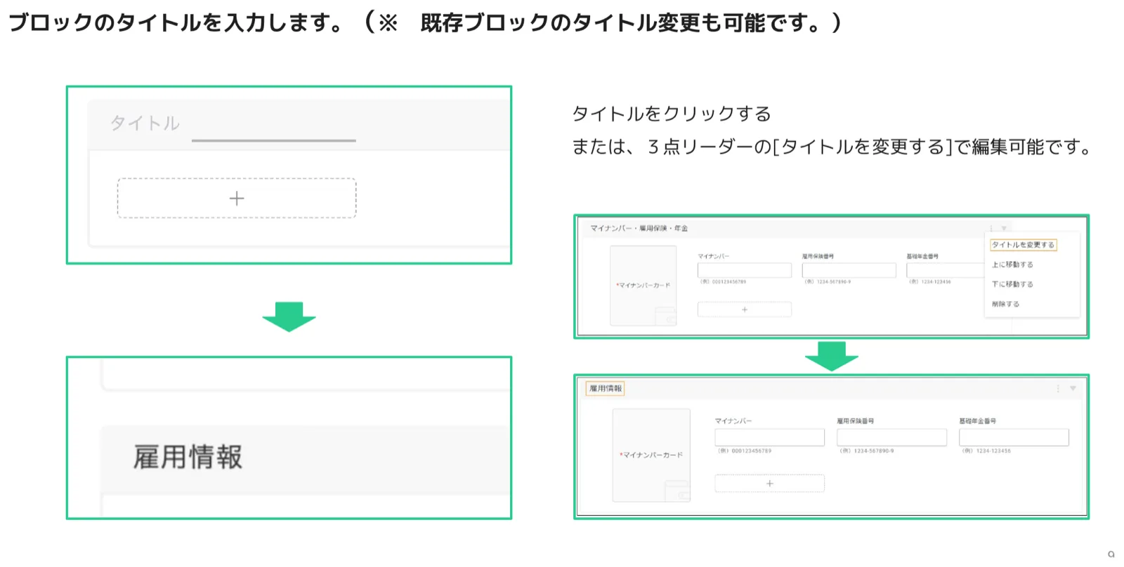 ブロックのタイトル欄に「雇用情報」と入力する画面と、3点メニューから「タイトルを変更する」を選択する操作画面