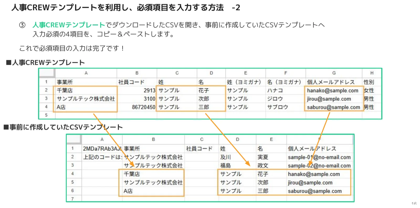 人事CREWテンプレートから契約書テンプレートへ必須4項目をコピー＆ペーストする様子