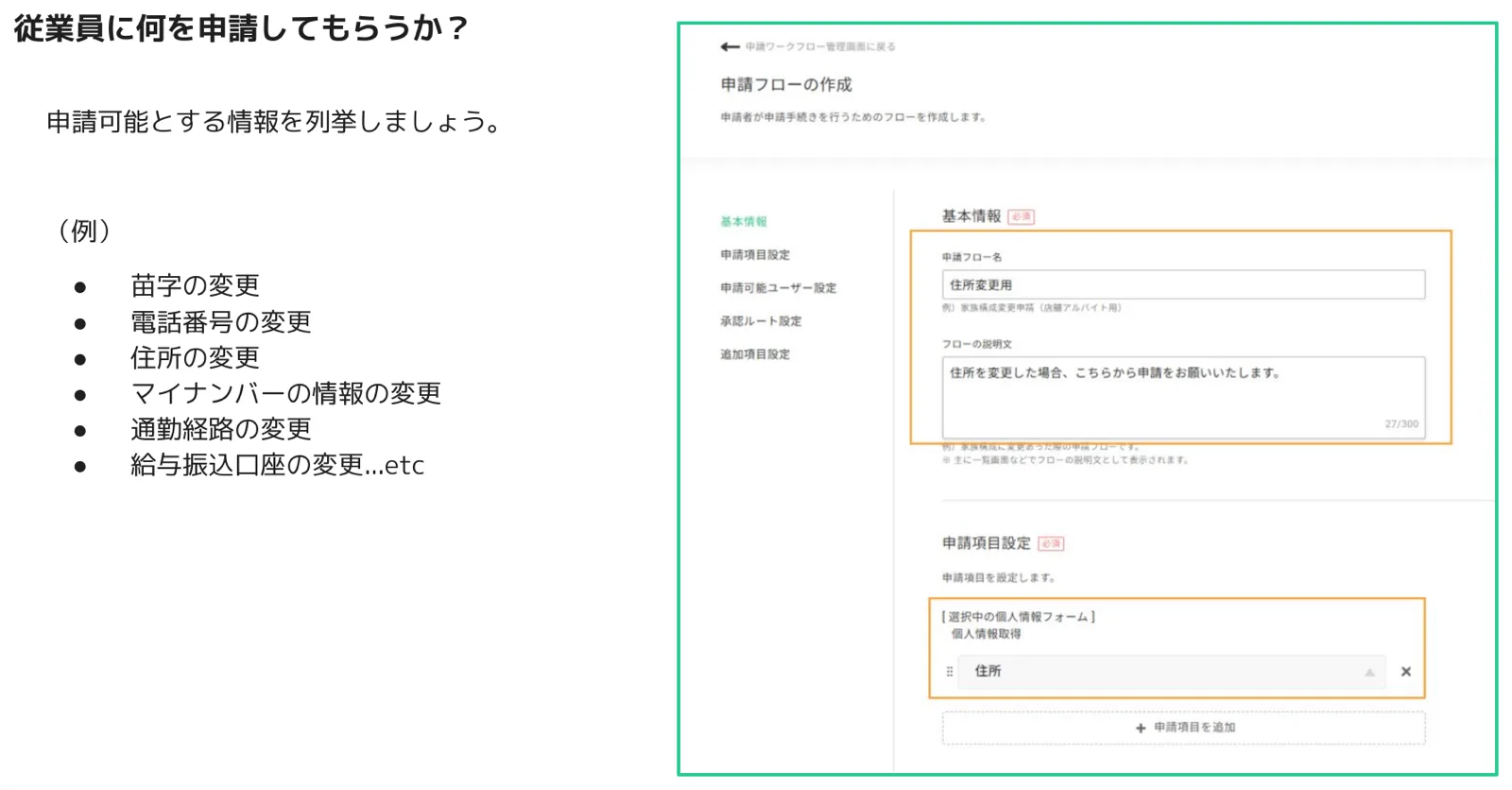申請フローの作成画面。申請フロー名とフローの説明文の入力欄、申請項目設定