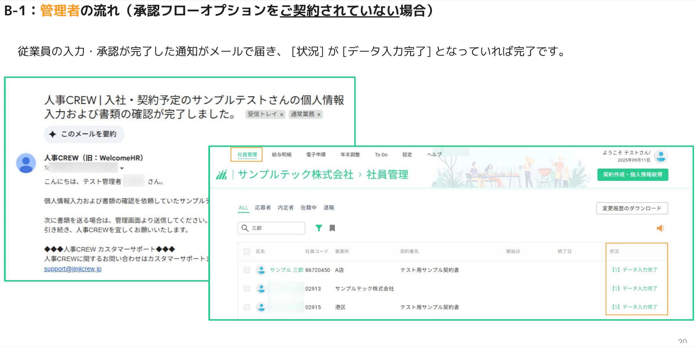 承認フローなしの管理者に届く入力完了通知メールと社員管理画面の状況データ入力完了表示