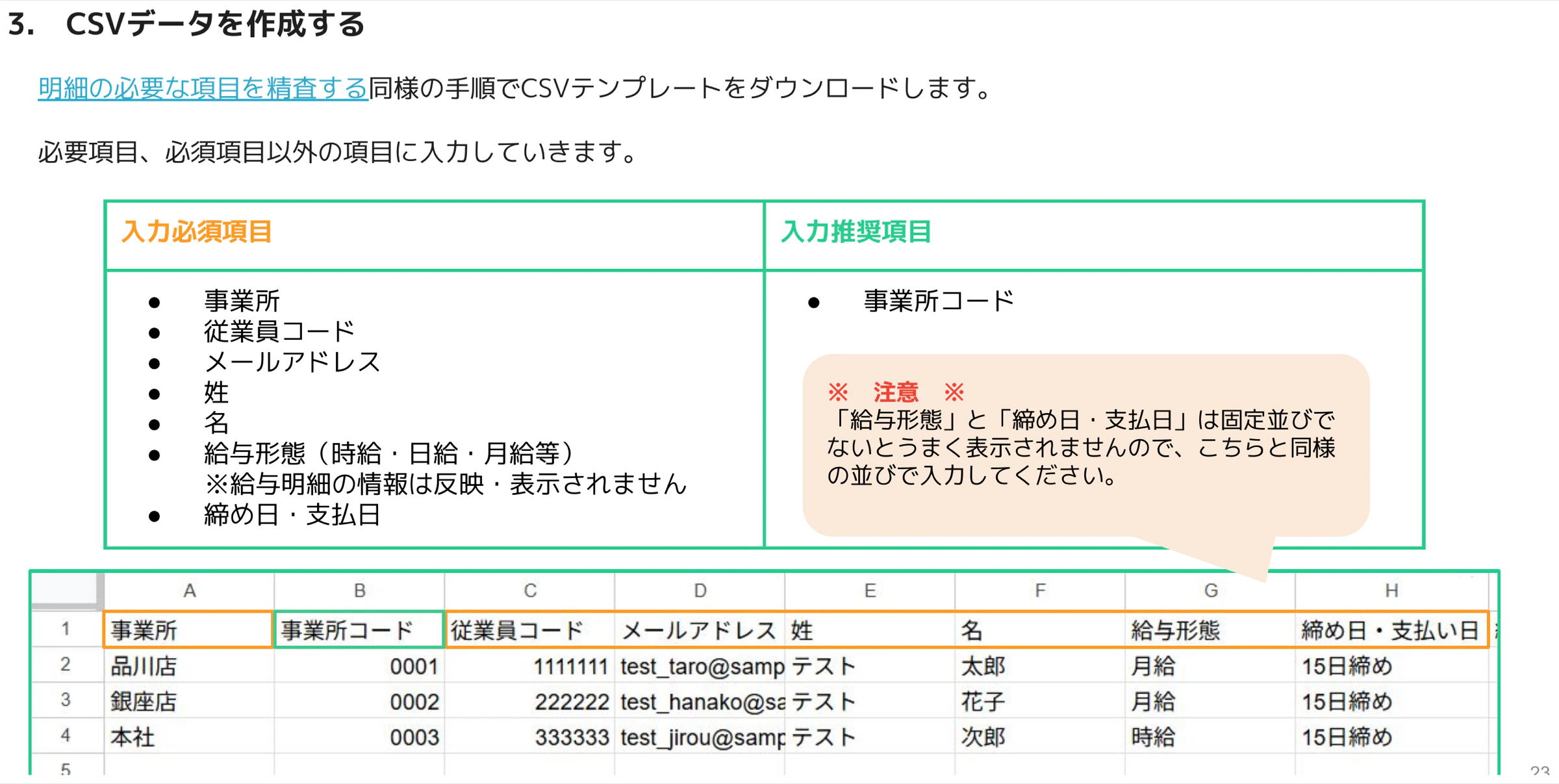 給与明細CSVの入力必須項目・推奨項目とサンプル入力されたスプレッドシート