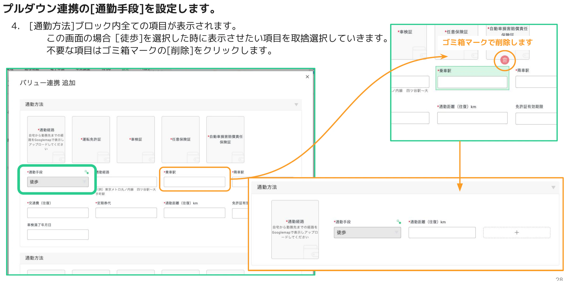 「バリュー連携追加」ダイアログで「徒歩」選択時に不要な項目をゴミ箱マークで削除する画面と、最終的に「通勤経路」のみ残った従業員画面