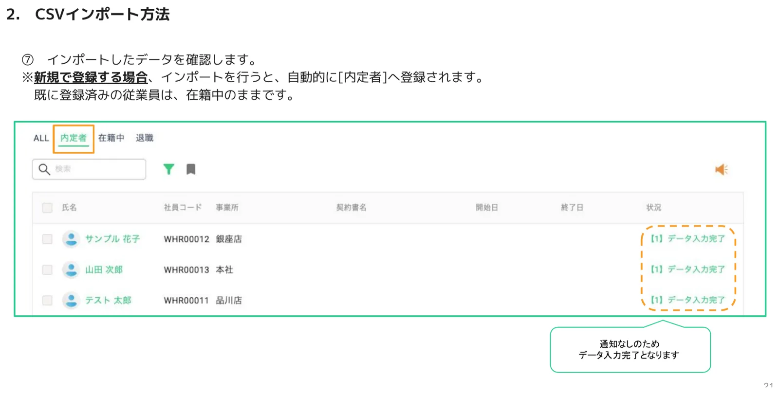 内定者タブにインポートした従業員が「データ入力完了」ステータスで並んでいる社員管理画面