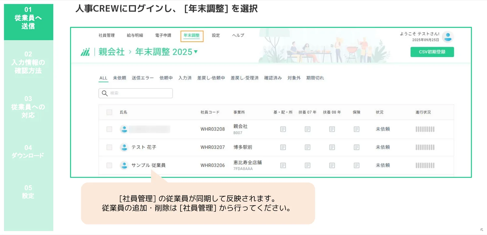 年末調整一覧画面に従業員と各種ステータスタブが表示された管理画面