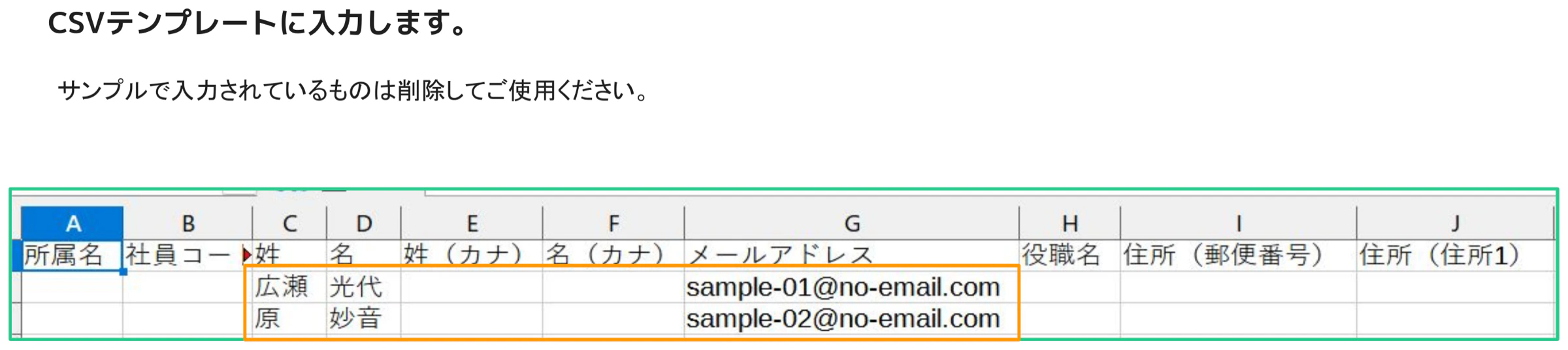 CSVテンプレートのスプレッドシートが表示されている。列A〜Jまでのヘッダーとサンプルデータがオレンジ枠でハイライトされている