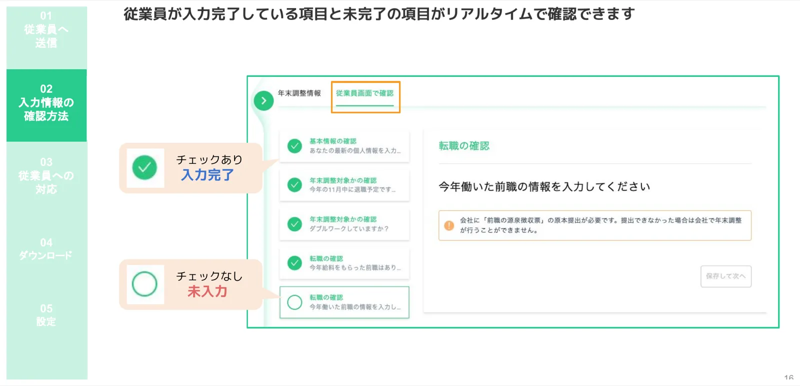 「従業員画面で確認」タブで各設問の入力完了（緑チェック）と未入力（白丸）を確認する画面