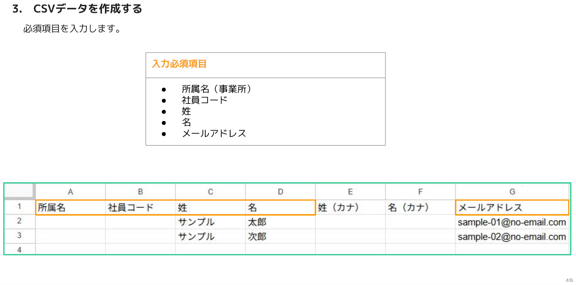 源泉徴収票CSVの入力例(所属名・社員コード・姓・名・メールアドレス列がオレンジでハイライト)