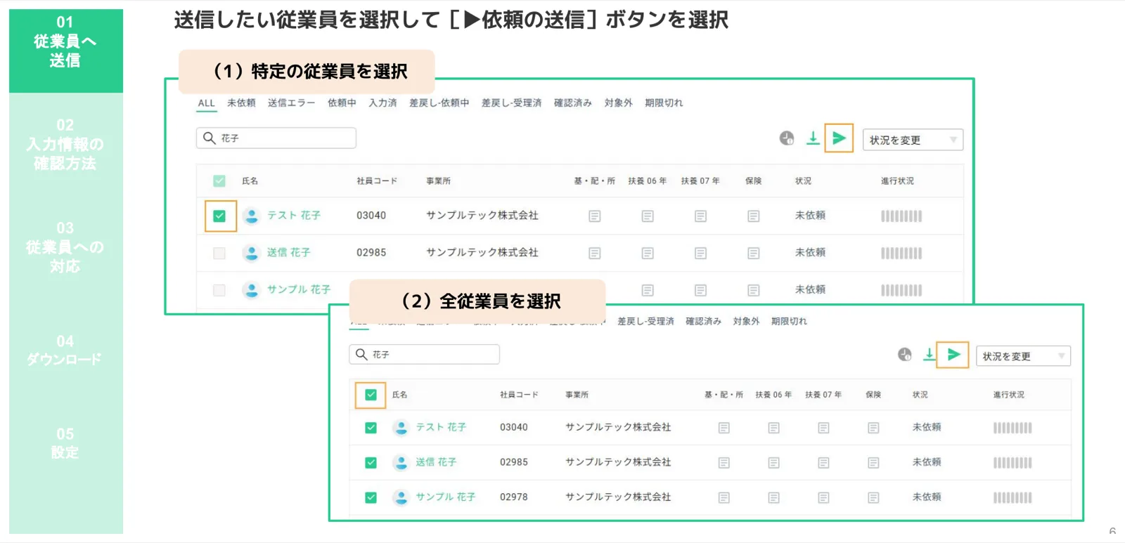 （1）特定従業員を個別選択、（2）全員を一括選択して依頼送信ボタンをクリックする画面