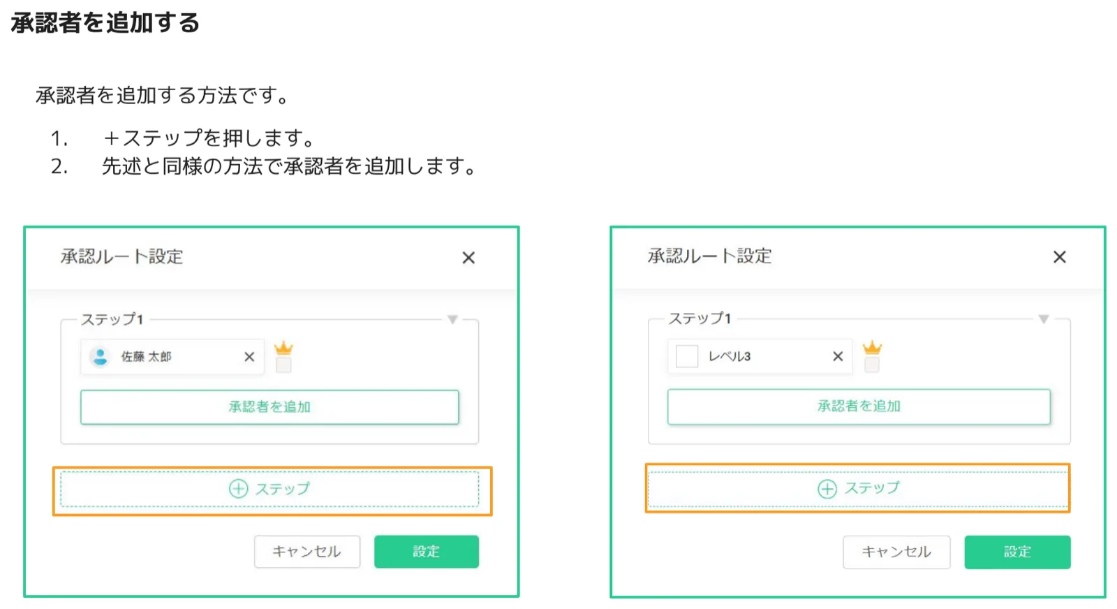承認ルート設定で＋ステップを押して次の承認ステップを追加する画面