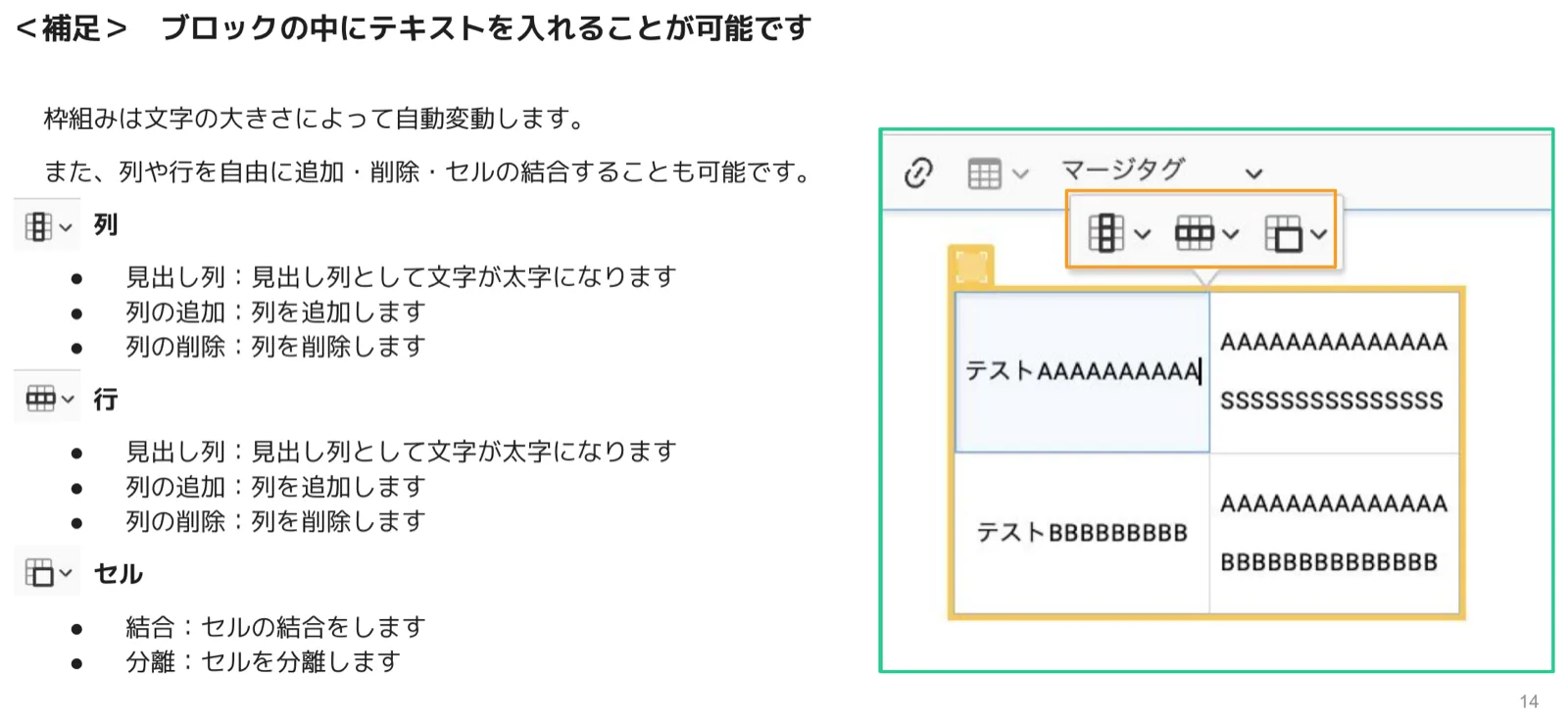 表のセル内にテキストを入力し列・行・セルの編集メニューを表示した補足画面