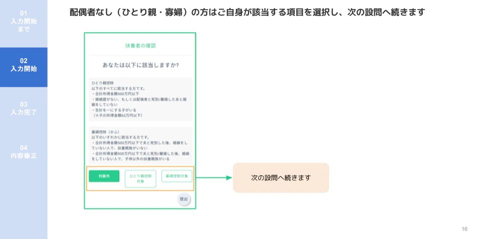 人事CREWひとり親・寡婦控除確認画面（対象外・ひとり親控除対象・寡婦控除対象の3択）