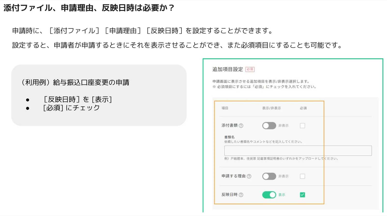 追加項目設定画面。添付書類・申請する理由・反映日時の表示/非表示と必須のトグル