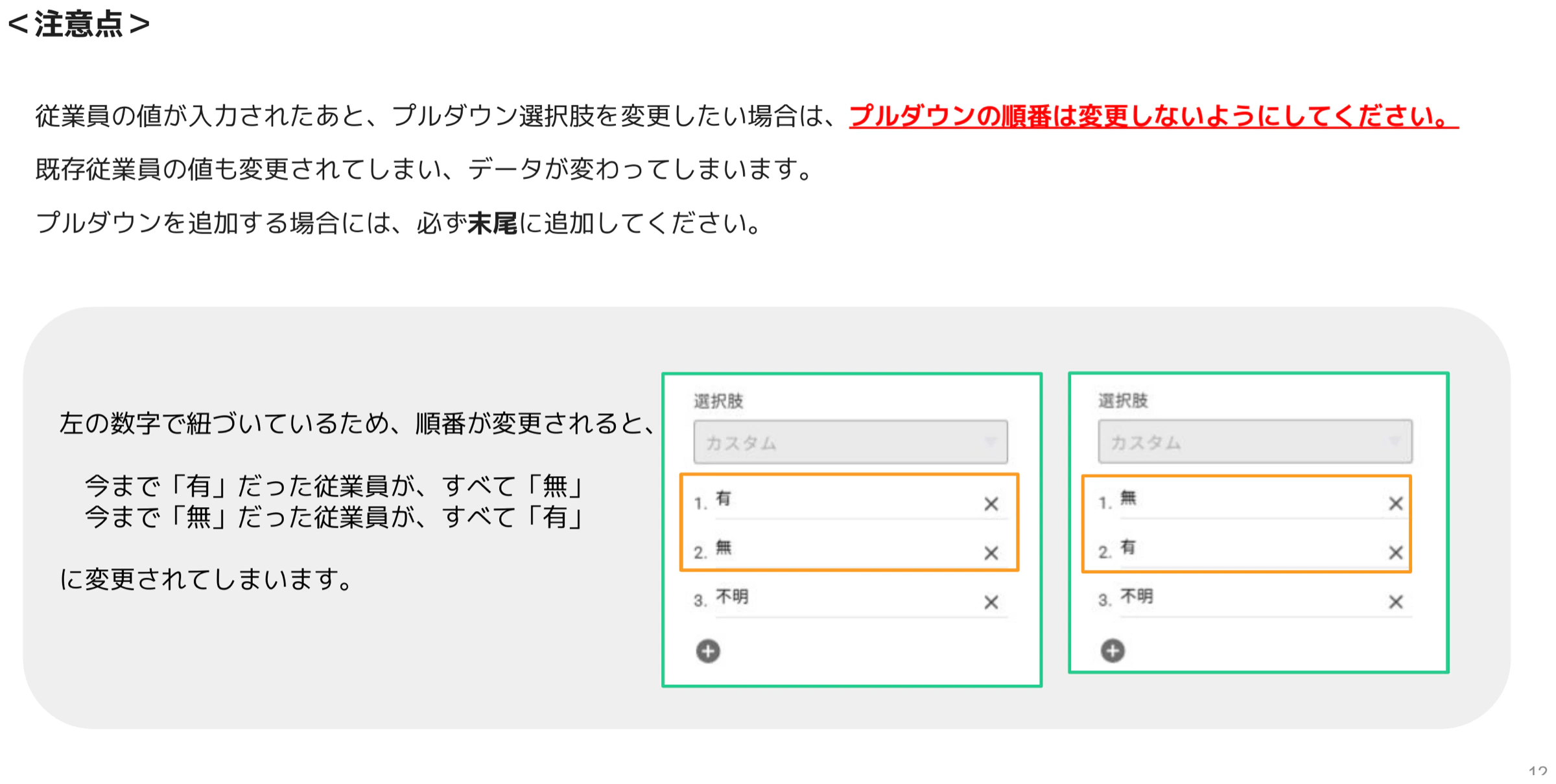 プルダウン選択肢「1.有 2.無」と「1.無 2.有」の比較で、順番変更によりデータが入れ替わる問題を示した画面