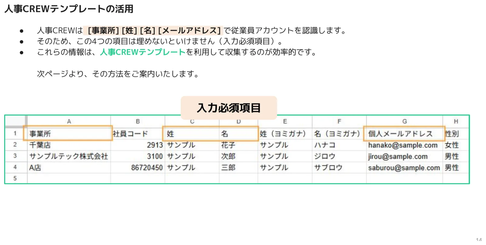 人事CREWテンプレートの入力必須項目