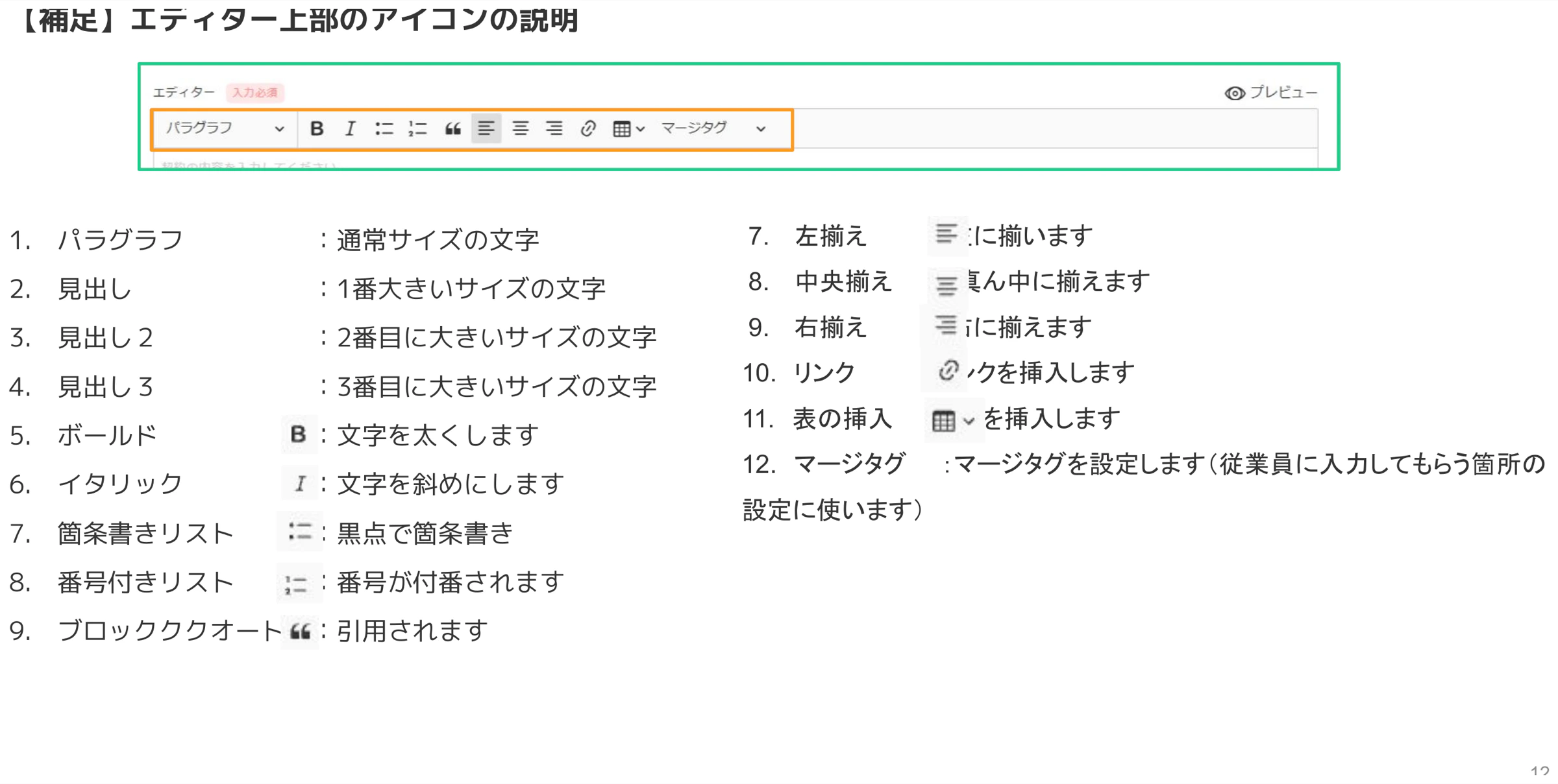 契約書エディター上部のツールバーアイコンを示した補足画面