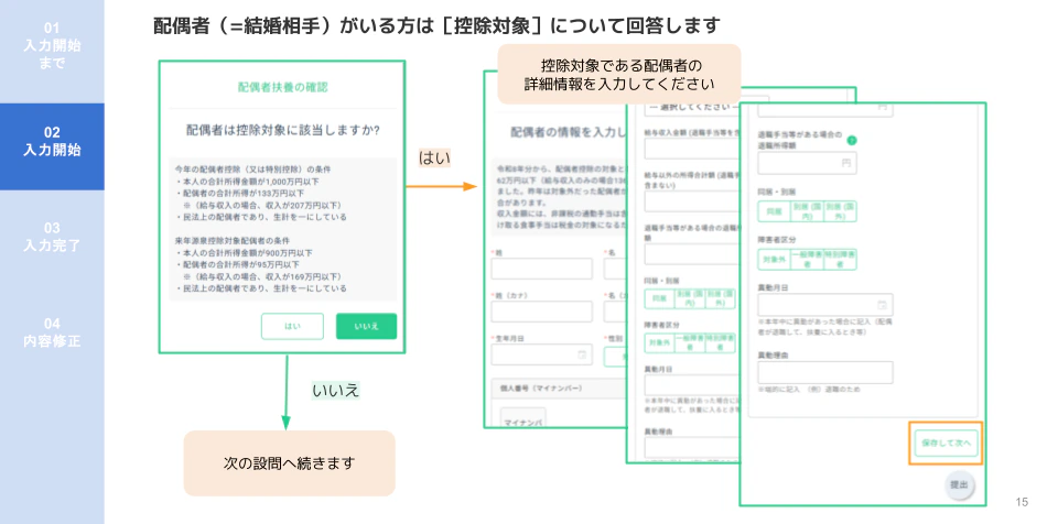 人事CREW配偶者あり時の控除対象確認と詳細入力フォーム(マイナンバー・収入情報・障害者区分)