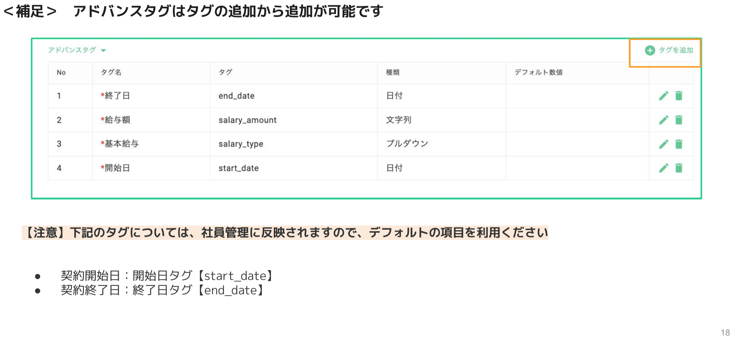 アドバンスタグの一覧とタグを追加ボタンを示した補足画面