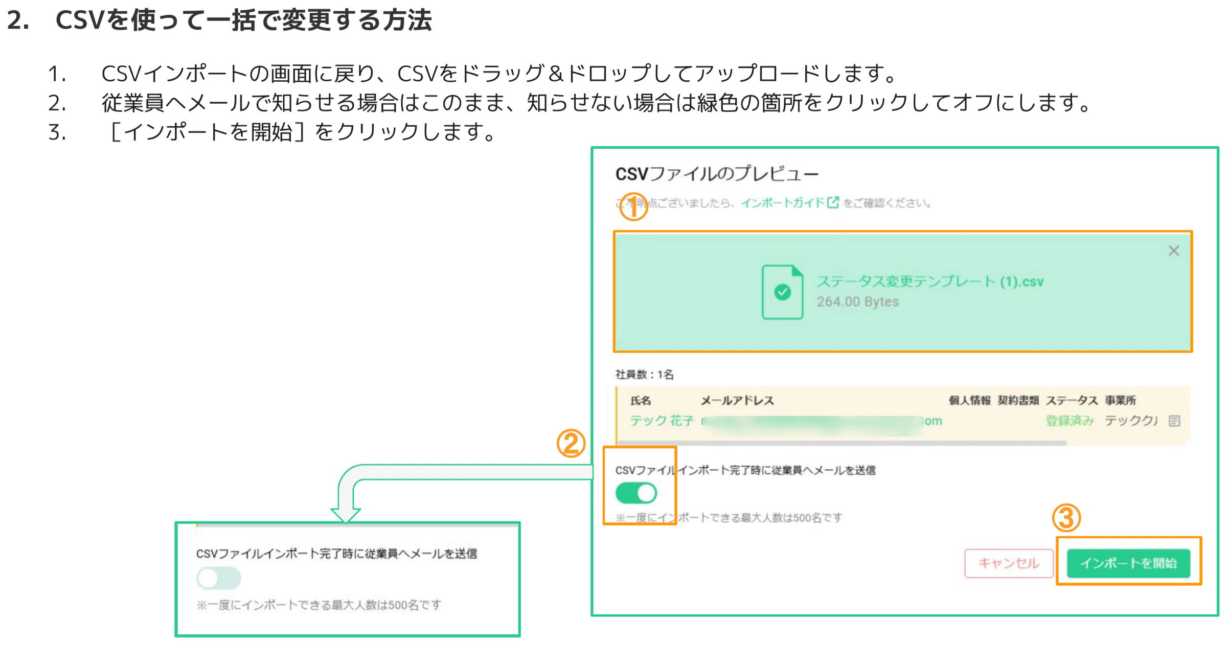 CSVファイルのプレビュー画面。アップロードされたCSVファイル名（①）、インポート完了時に従業員へメール送信するトグル（②）、「インポートを開始」ボタン（③）がオレンジ枠で強調されている