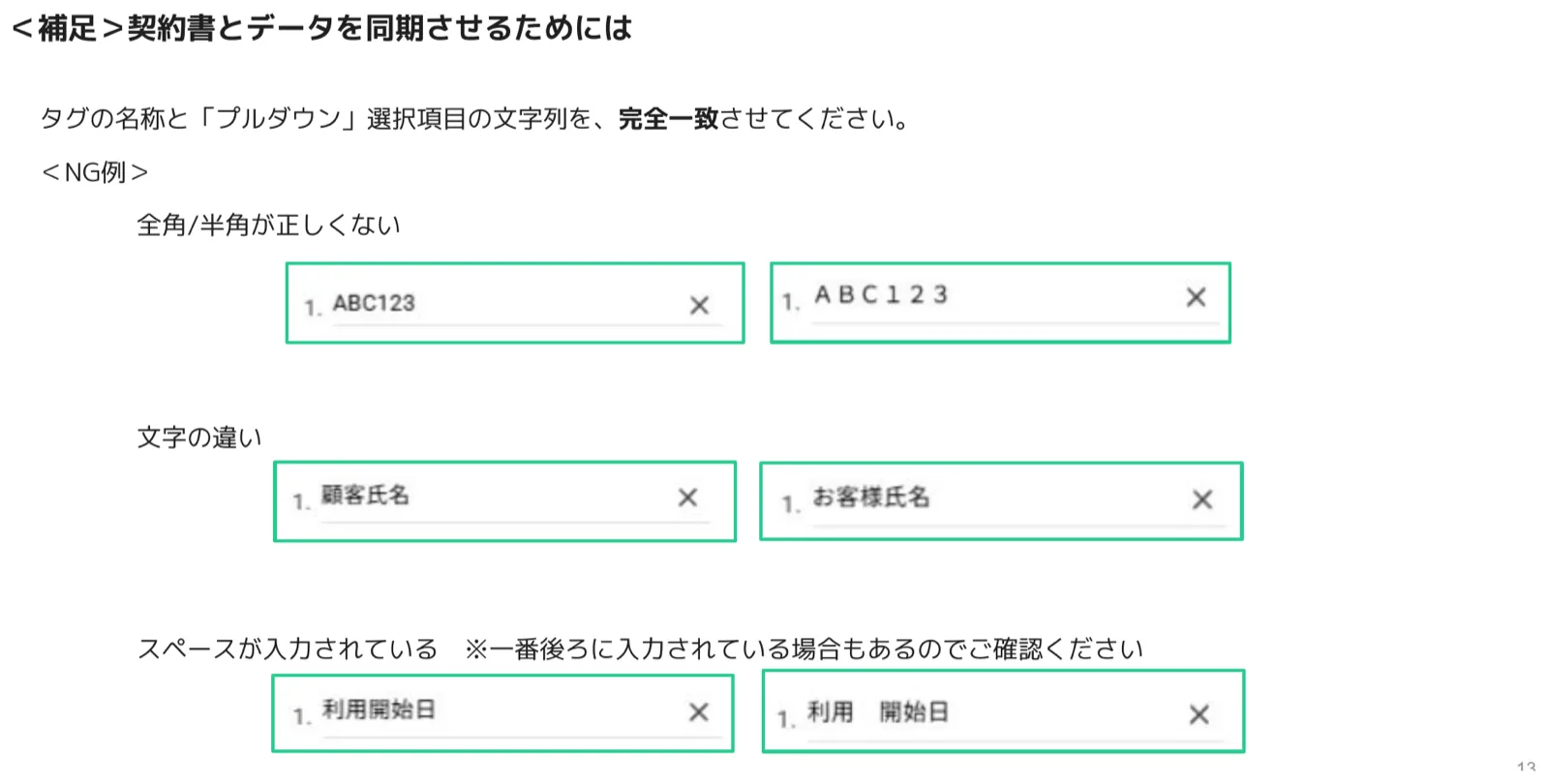 契約書とデータ同期のNG例。全角半角の違い・文字の違い・スペースの有無で文字列が完全一致していない例