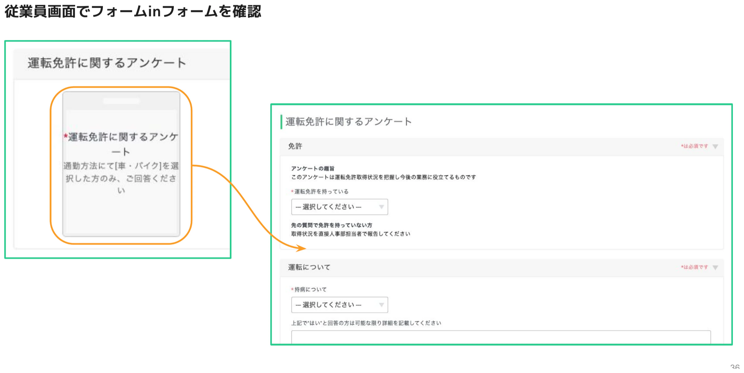従業員画面で「運転免許証に関するアンケート」フォームが個人情報フォーム内のセクションとして展開された画面