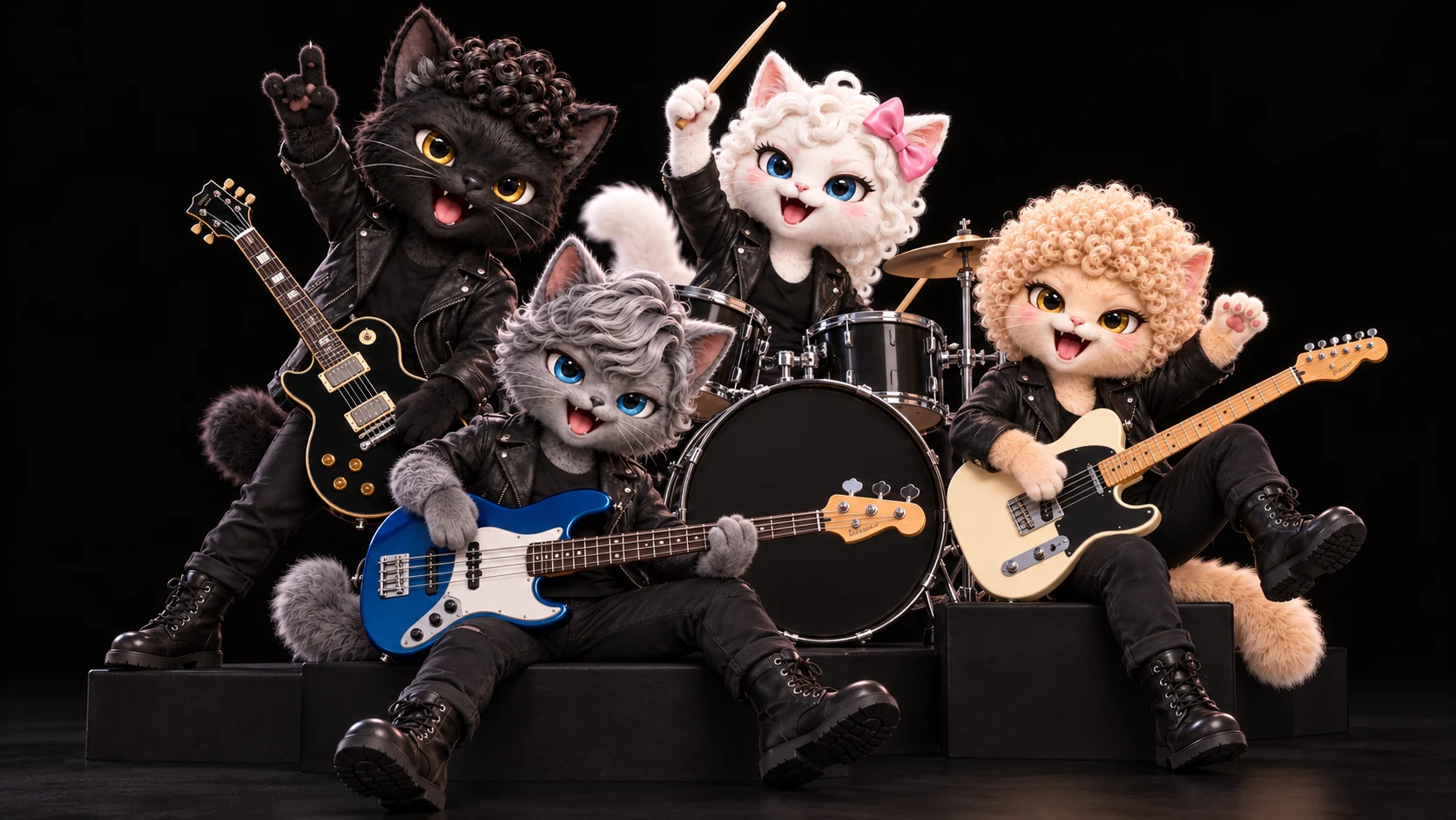 黒い背景のステージで演奏するMOJANEKOの4匹。もじゃとふわりんがギター、パームがベース、くるるがドラム