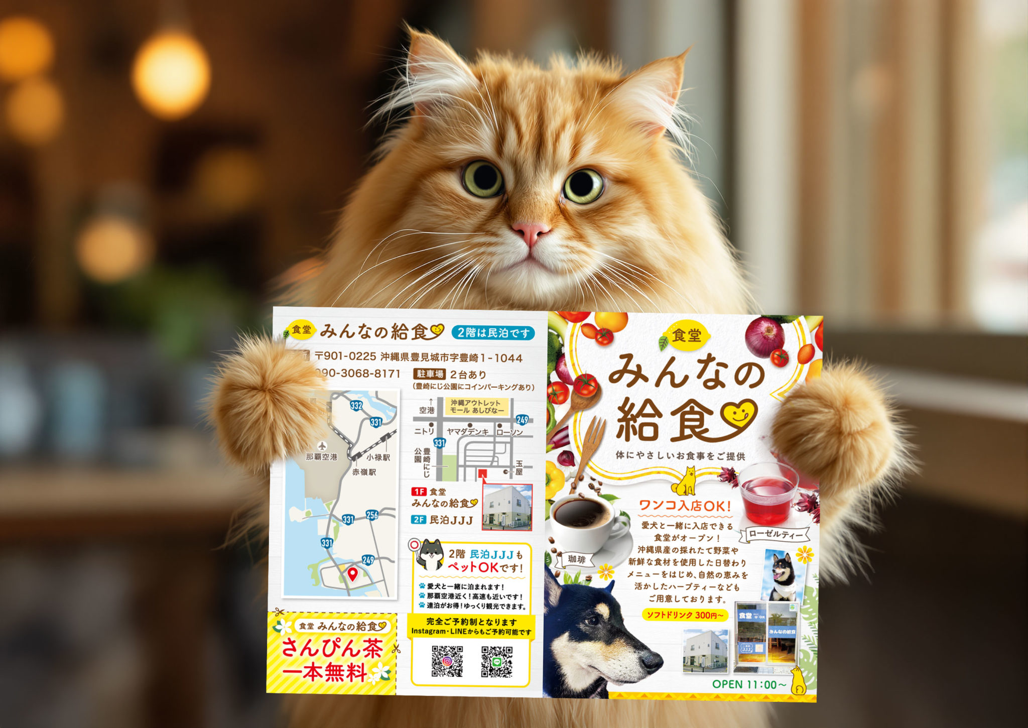 沖縄豊見城にOPEN。わんこも入れる食堂のパンフレットを制作。