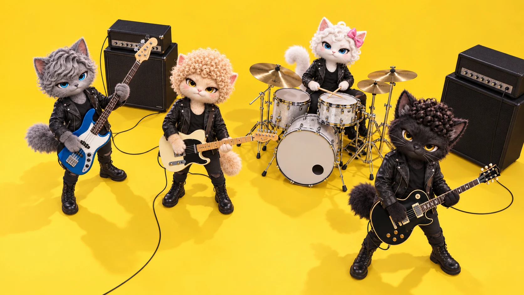 黄色い背景に、アンプとドラムセットを並べて演奏するMOJANEKOの4匹を俯瞰で撮った写真。パームのベース、ふわりんのギター、くるるのドラム、もじゃのギター