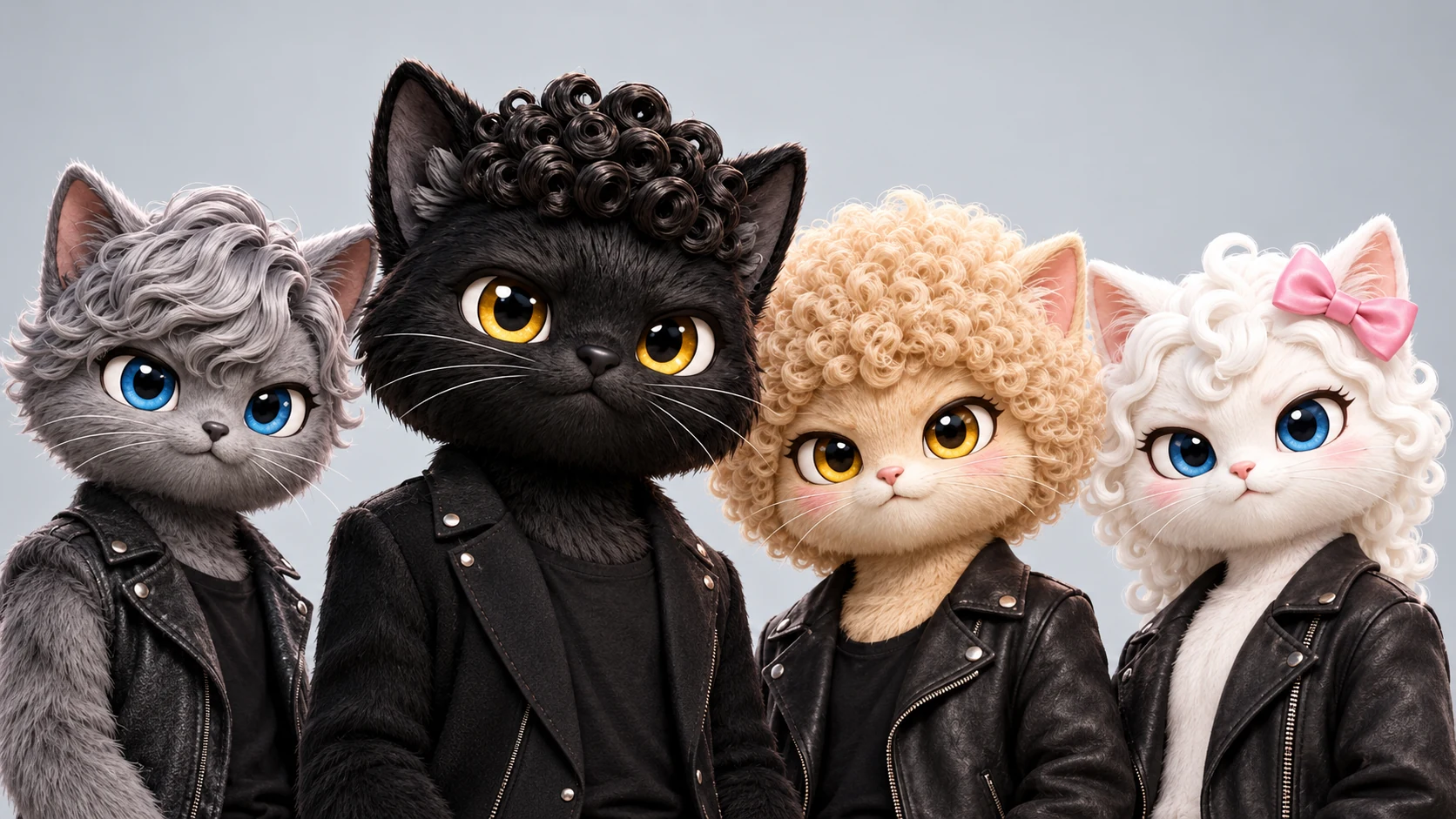 レザージャケットを着たもじゃねこバンドMOJANEKOの4匹。左からパーム、もじゃ、ふわりん、くるる