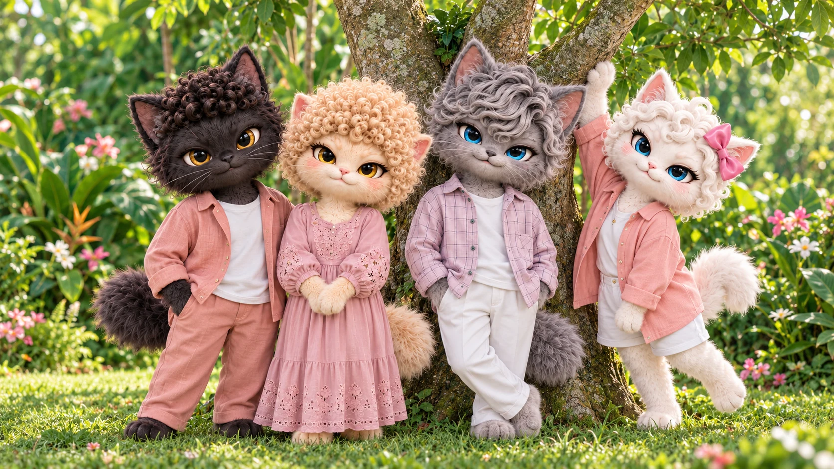 木の下で、ピンクや白の私服でくつろぐMOJANEKOの4匹。もじゃ、ふわりん、パーム、くるる