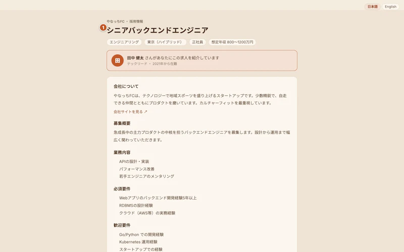 公開求人ページ。求人タイトルと応募ボタンに1と2の番号が振られている