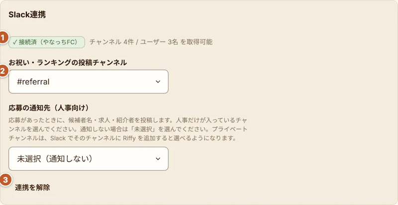 Slack連携の設定カード。接続状態・お祝い・ランキングの投稿チャンネル・連携解除に1から3の番号が振られている