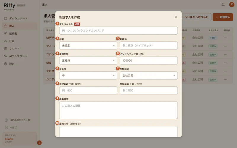 新規求人を作成するモーダル。入力項目に1から10の番号が振られている