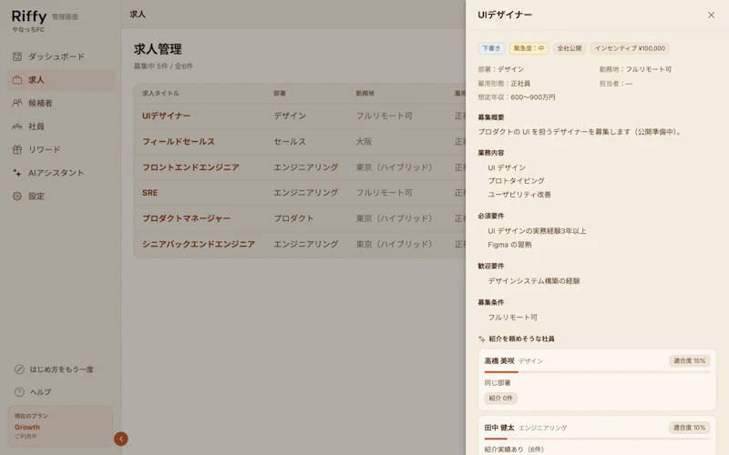 求人の詳細。募集内容と、公開状態を切り替える操作が表示されている